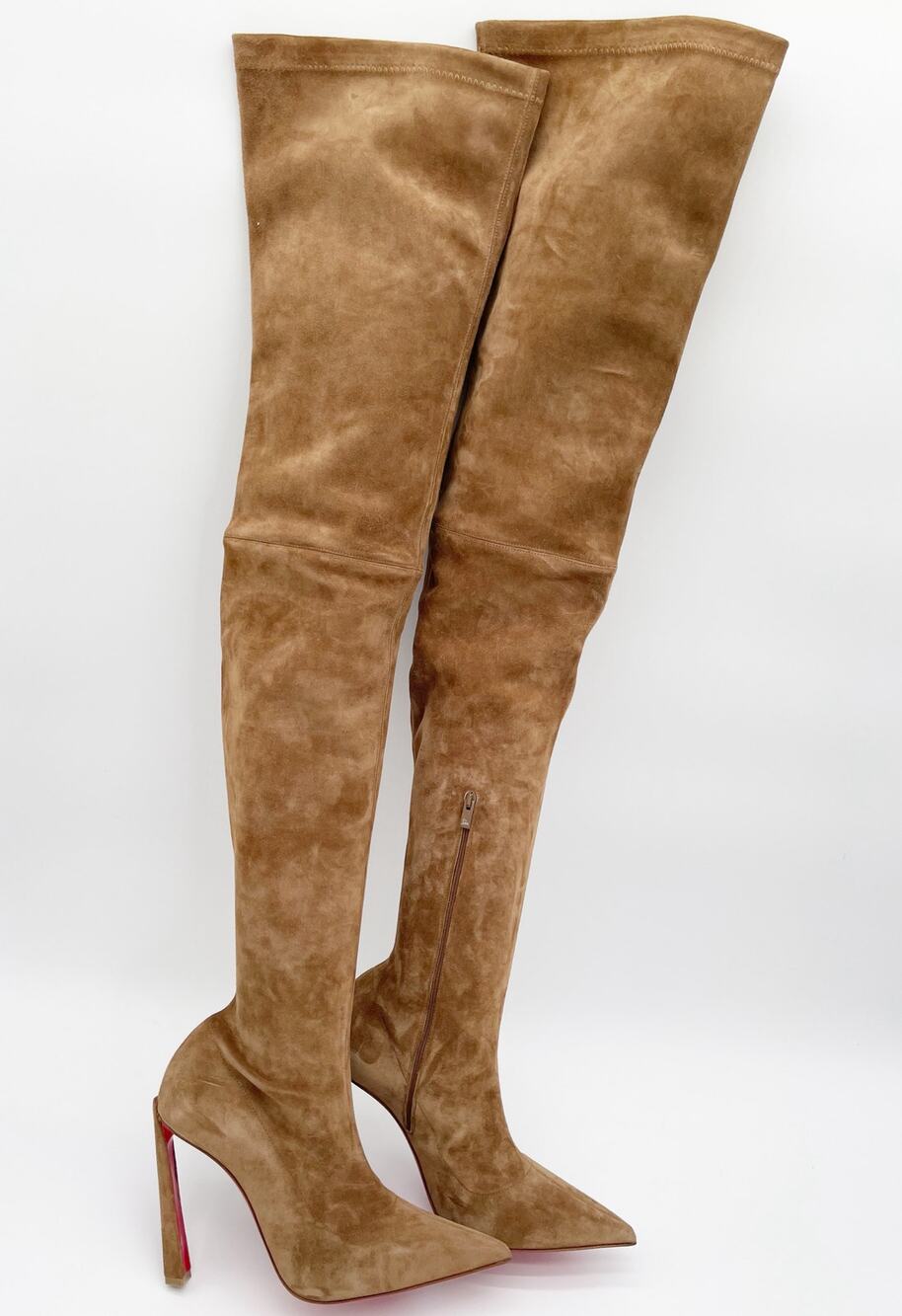 Christian Louboutin Condora Botta Alta Camel Tan Suede Thigh High Boots EU 39.5